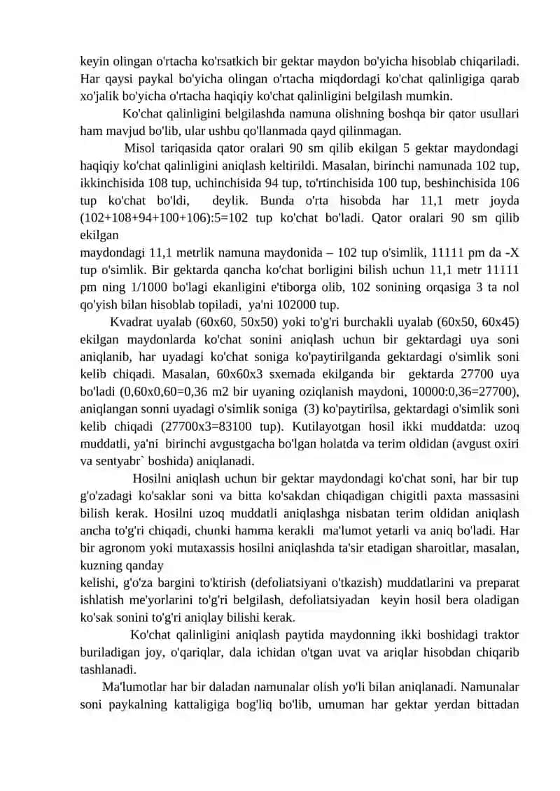 23-Amaliy mashg’ulot. Paxta dalasidagi haqiqiy ko’chat qalinlidini aniqlash 2