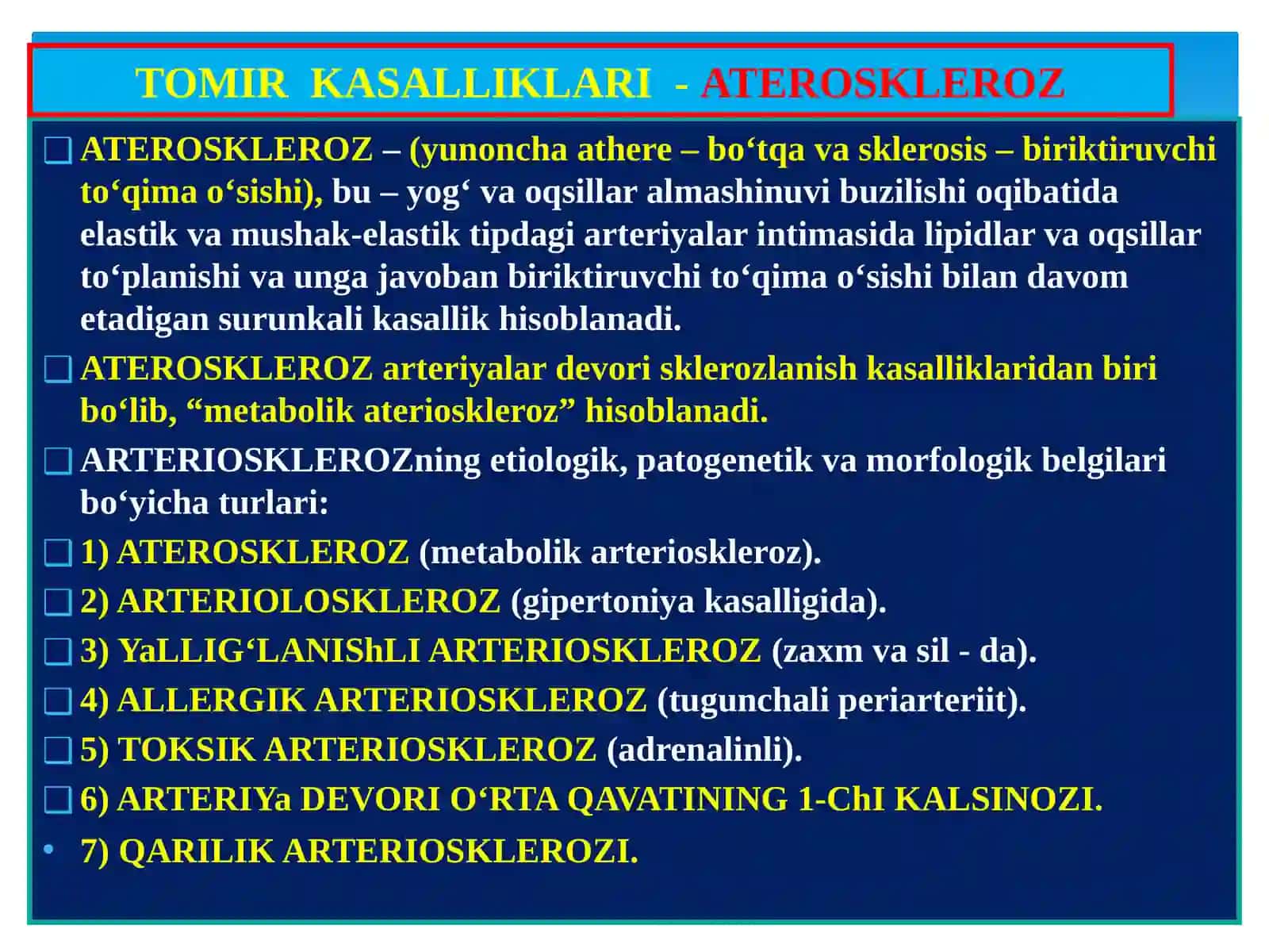 ПАТОЛОГИК АНАТОМИЯ “ИММУНОПАТОЛОГИК ЖАРАЁНЛАР” TOMIR KASALLIKLARI - ATEROSKLEROZ. GIPERTONIYA 2