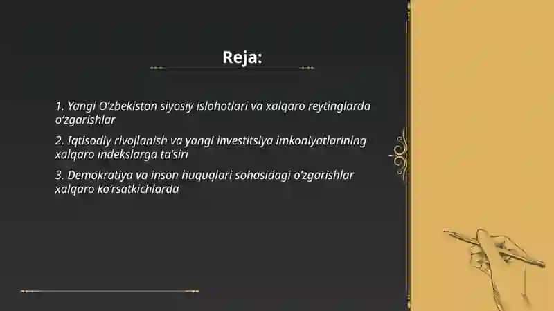 Yangi Oʻzbekiston siyosiy islohotlari va xalqaro reytinglarda oʻzgarishlar 2