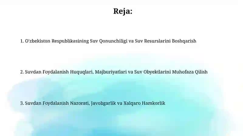 O'zbekiston Respublikasining Suv Qonunchiligi va Suv Resurslarini Boshqarish 2