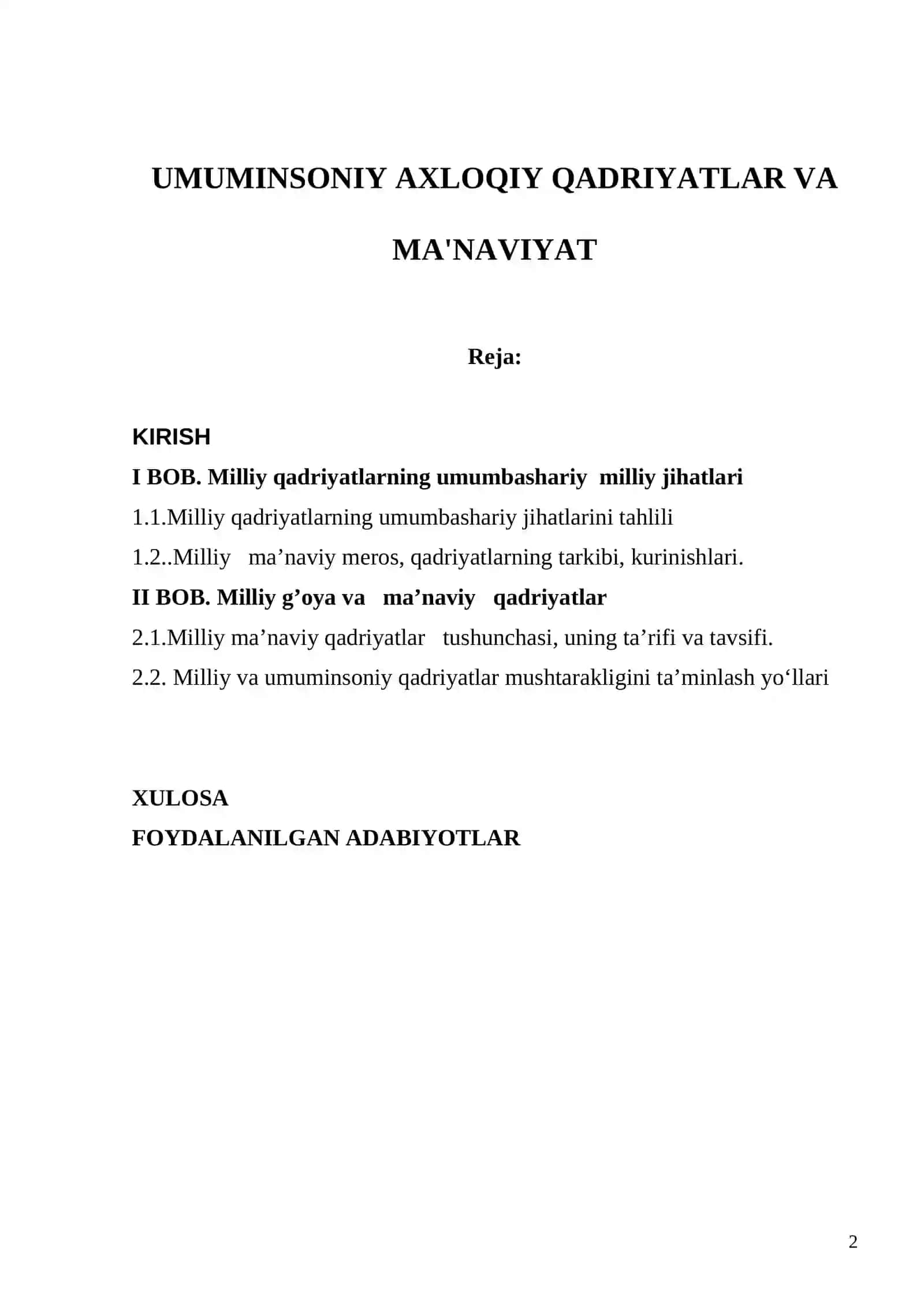 UMUMINSONIY AXLOQIY QADRIYATLAR VA MA'NAVIYAT 2