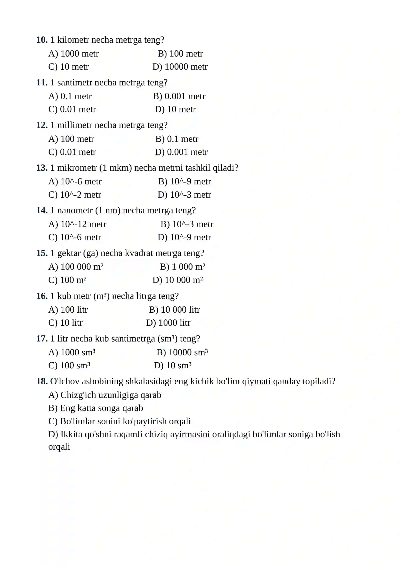 7-SINF FIZIKA FANIDAN TESTLAR TO'PLAMI 2