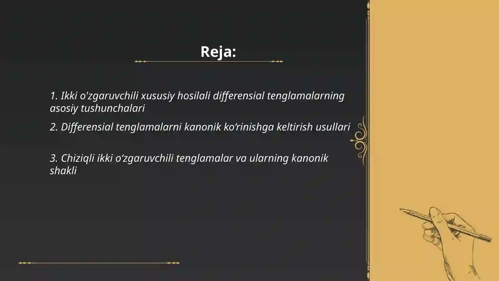 Ikki o'zgaruvchili xususiy hosilali differensial tenglamalarni kanonik ko'rinishga keltirish va umumiy yechimini topish 2