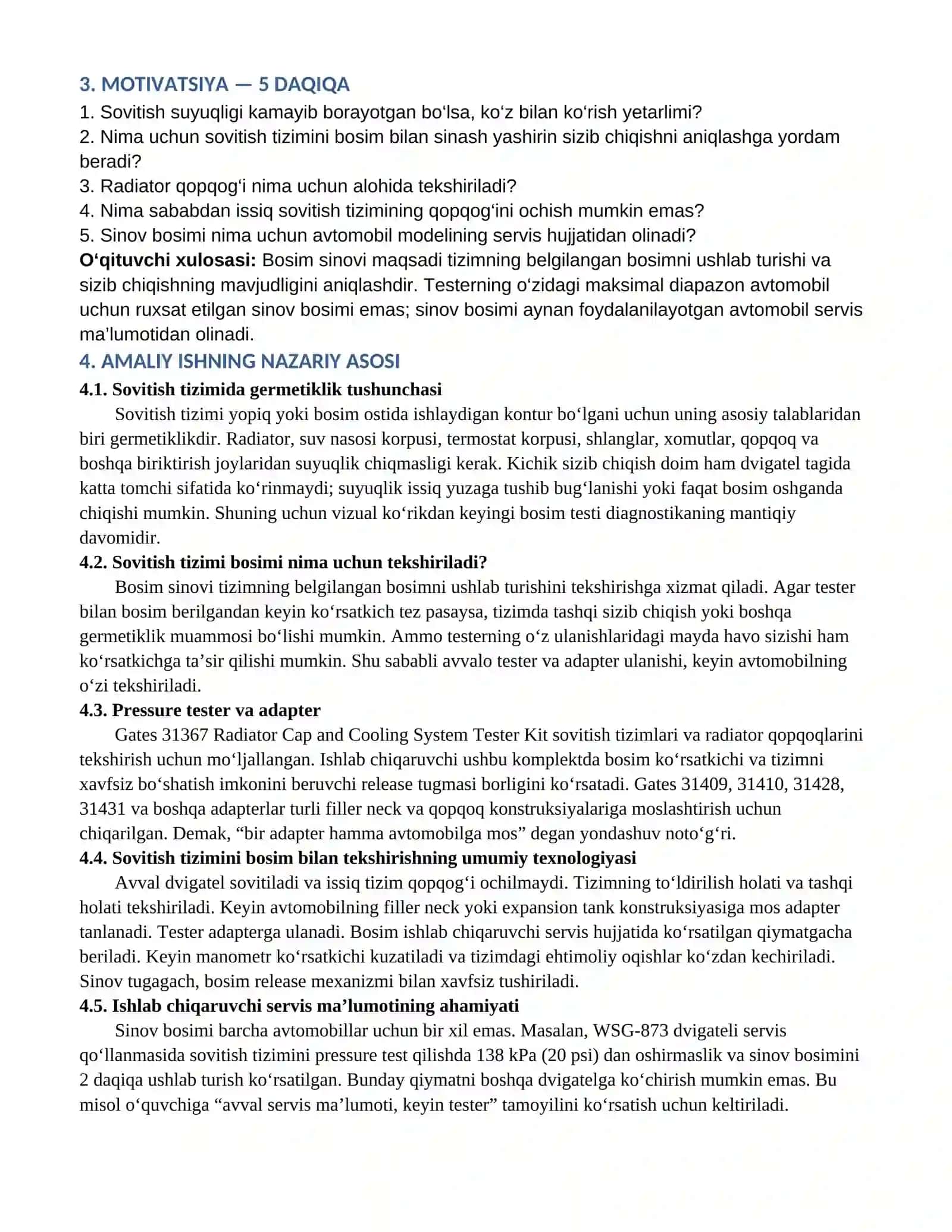 Sovitish tizimida sizib chiqish va bosim holatini tekshirish 2