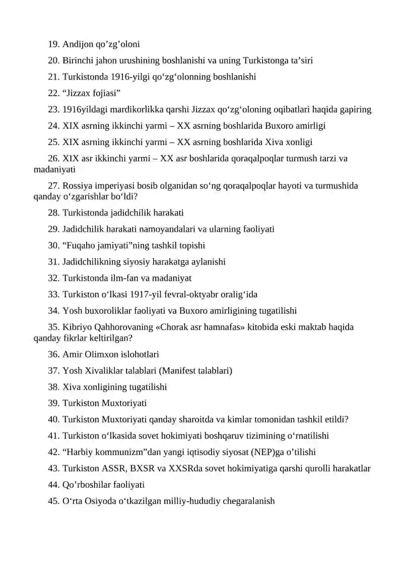 O‘zbekiston tarixi fanidan II- bosqich o’quvchilar uchun yakuniy nazorati uchun savollar 2