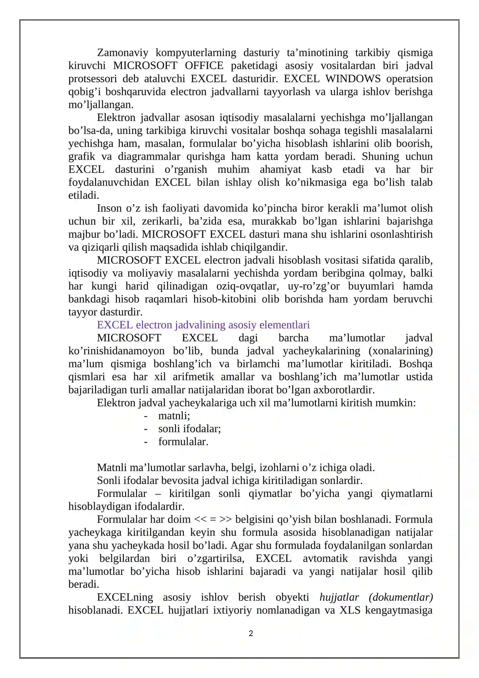 MICROSOFT EXCEL DASTURI 2