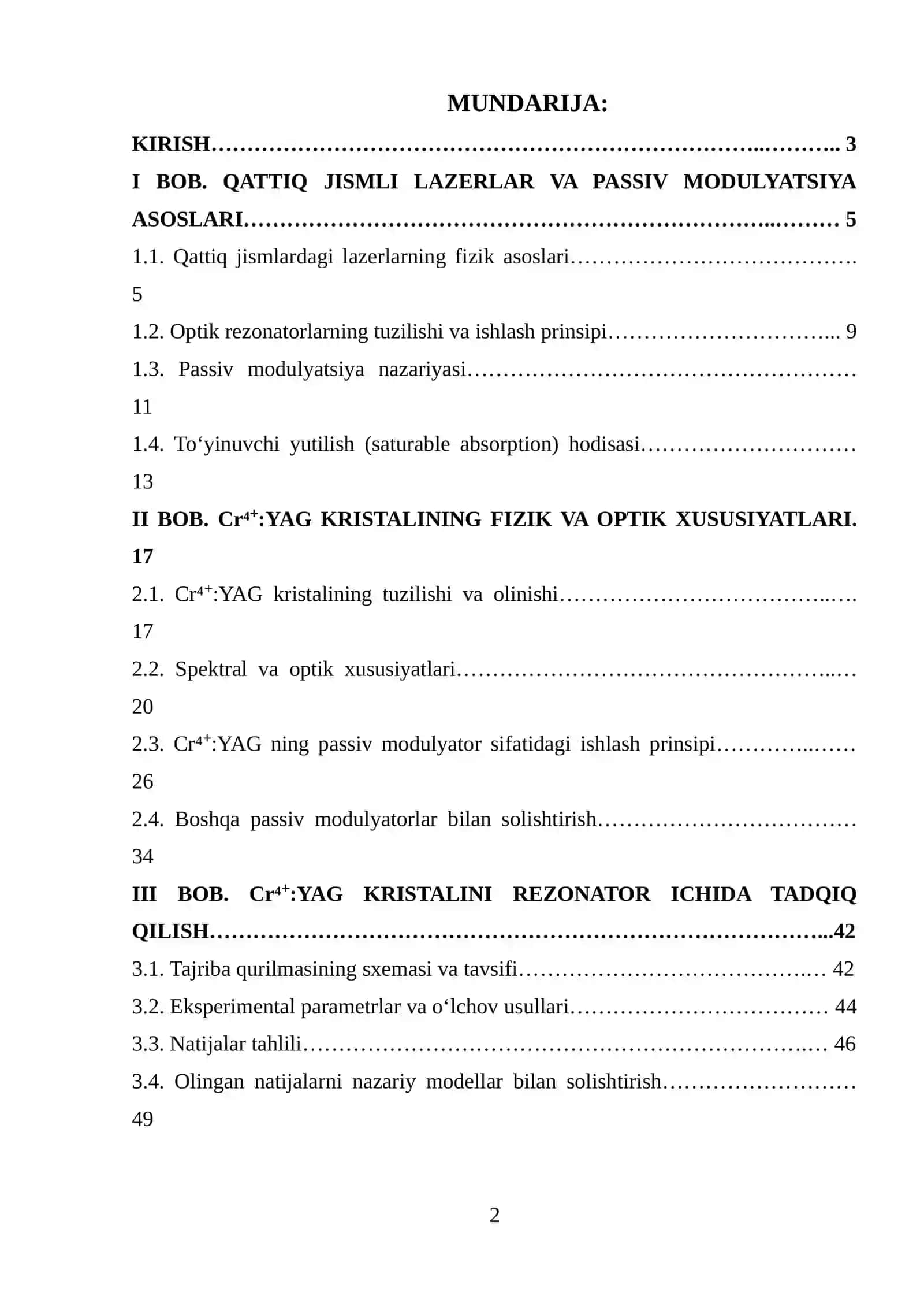 Cr4: YAG KRISTALINING PASSIV MODULYATOR SIFATIDA RESONATOR ICHIDA O’RGANISH. 2