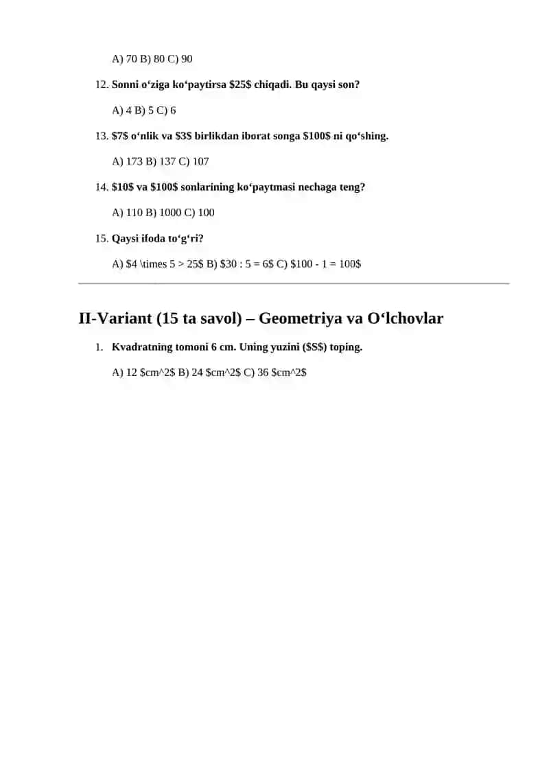 3 sinf matematika chorak yakuniy test 2