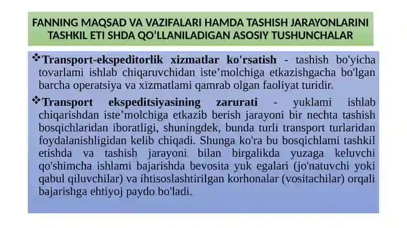 TRANSPORT-EKSPEDITORLIK XIZMATLARI EHTIYOJINI VUJUDGA KELTIRISH VA RIVOJLANTIRISH 2