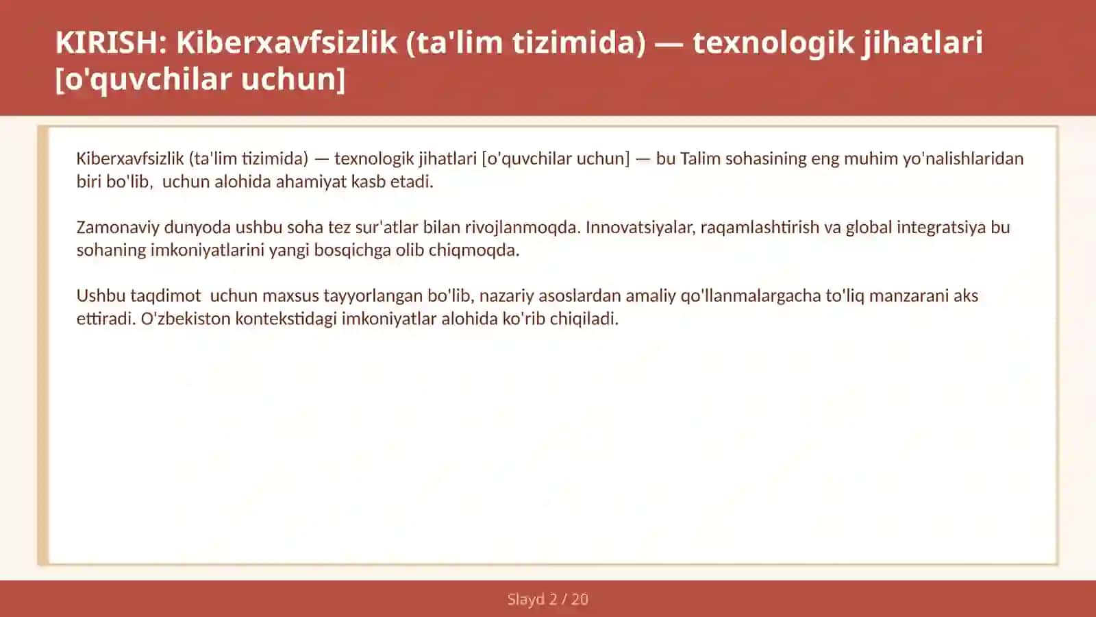 KIBERXAVFSIZLIK (TA'LIM TIZIMIDA) — TEXNOLOGIK JIHATLARI [O'QUVCHILAR UCHUN] 2