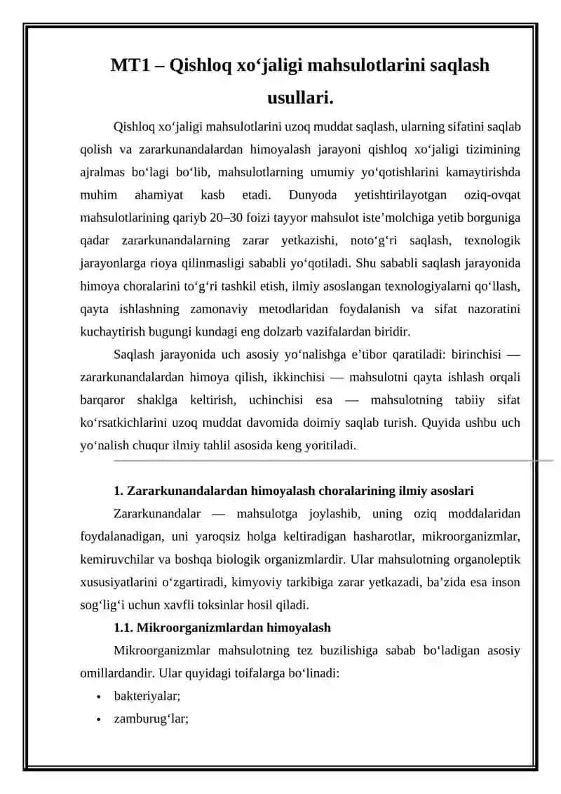 MT1 – Qishloq xo‘jaligi mahsulotlarini saqlash usullari 2