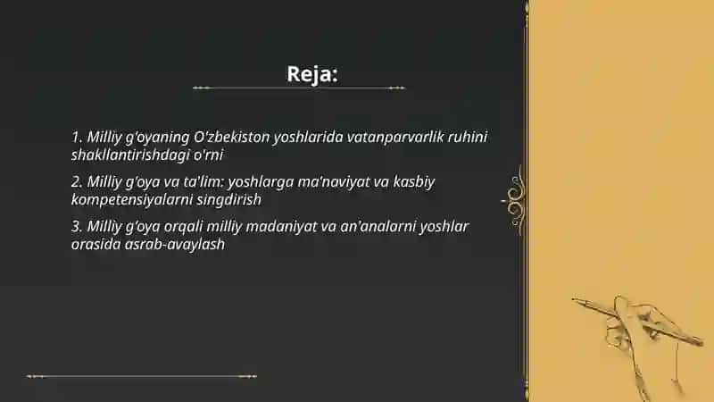 Ozbekiston yoshlari buyuk kelajsk sari yetaklashda milliy gʻoyaning orni 2