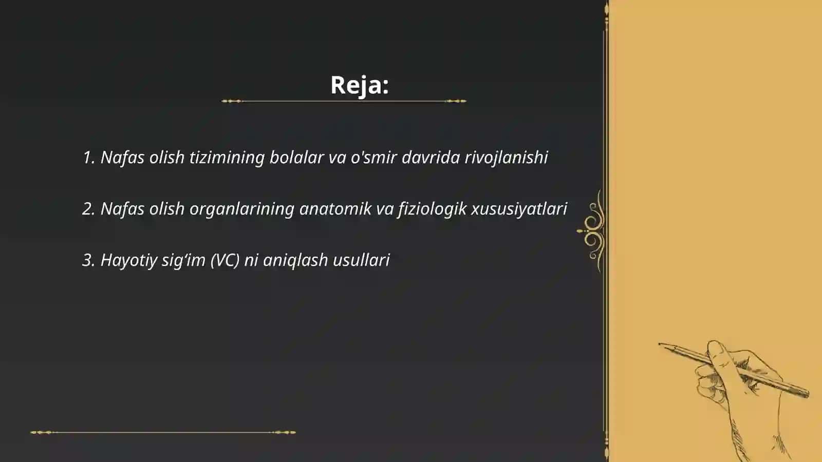 Nafas tizimining yoshga oid fizIologiyasi va gigiyenasi. Õpkaning tiriklik sig'imini aniqlash 2