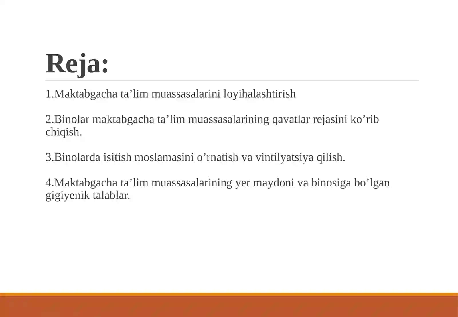 TASHKILLASHTIRILGAN BOLALAR MUASSASALARINI LOYIHALASHTIRISH QURISH VA JIHOZLASHGA BO`LGAN GIGIYENIK TALABLAR 2