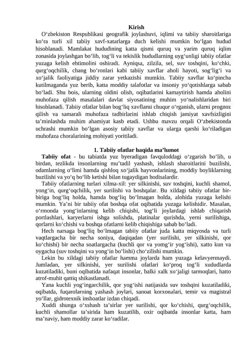 O‘zbekistonda bo‘lishi mumkin bo‘lgan tabiiy xavflar va ularda muhofaza tadbirlari 2