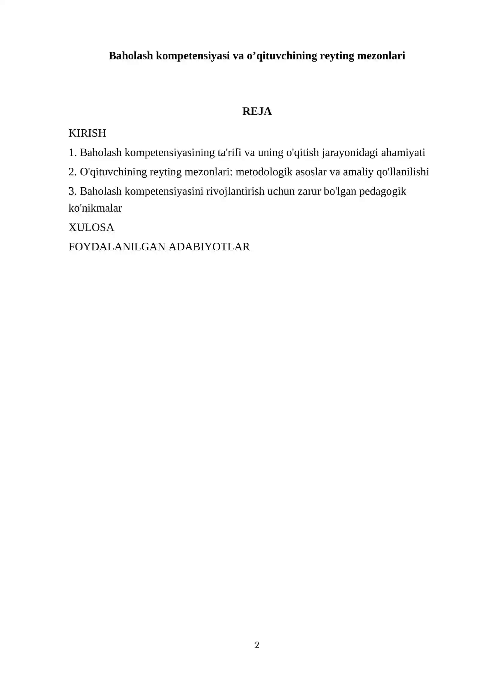 Baholash kompetensiyasi va o’qituvchining reyting mezonlari 2