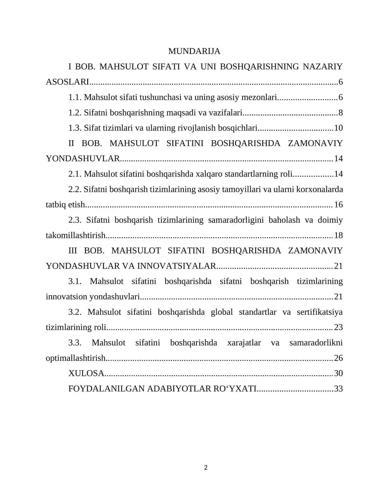 BOB. MAHSULOT SIFATI VA UNI BOSHQARISHNING NAZARIY ASOSLARI 2