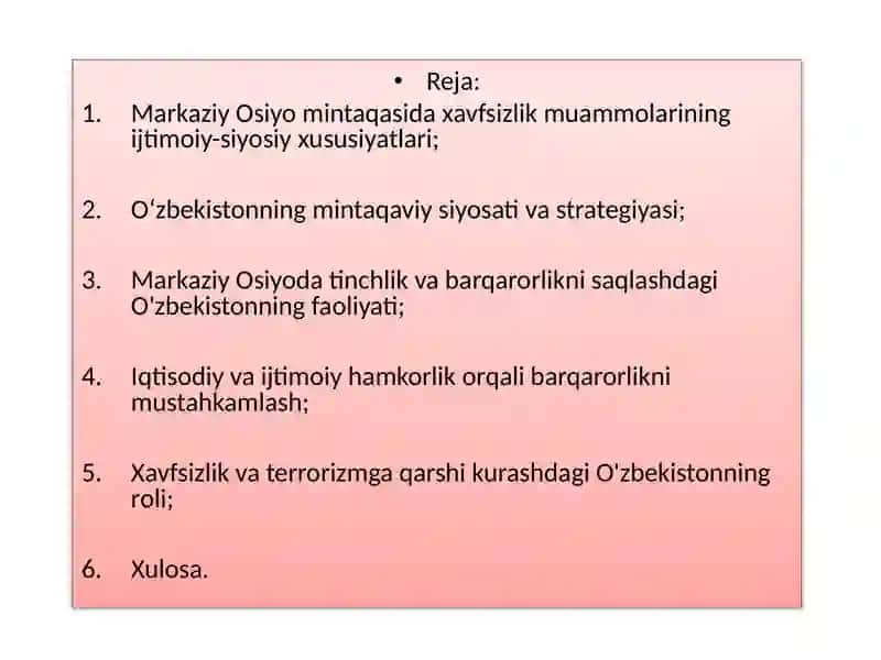 O'zbekistonning Makaziy Osiyoda tinchlik va bargarorlikni ta minlashdagi o'rni 2