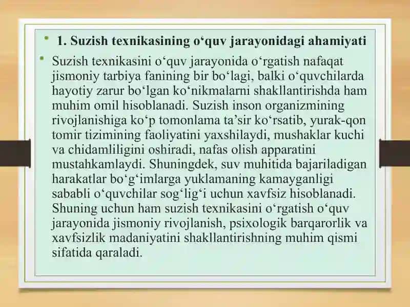 Suzish usullarining texnikasini o‘rgatish 2