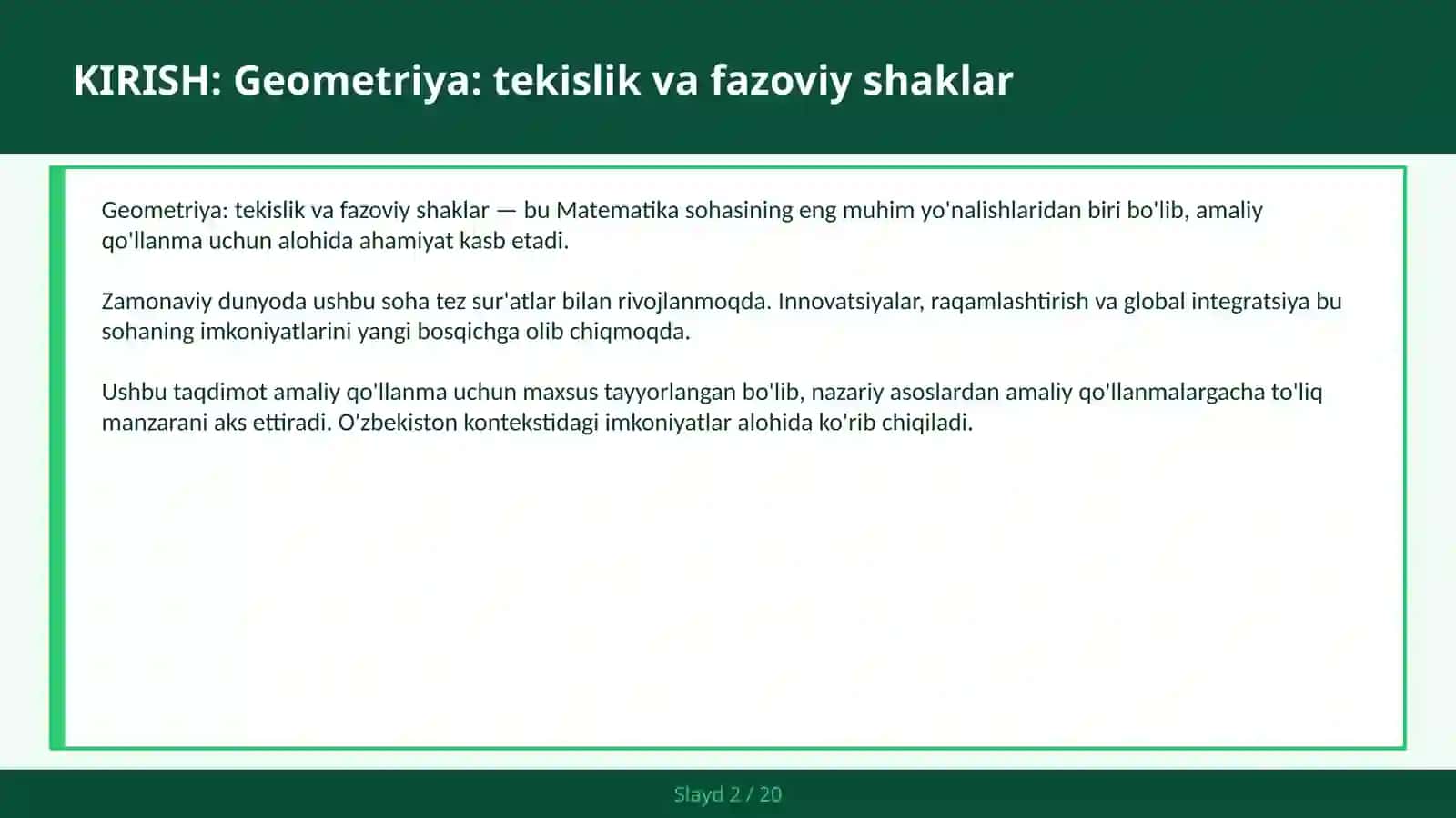 GEOMETRIYA: TEKISLIK VA FAZOVIY SHAKLAR 2