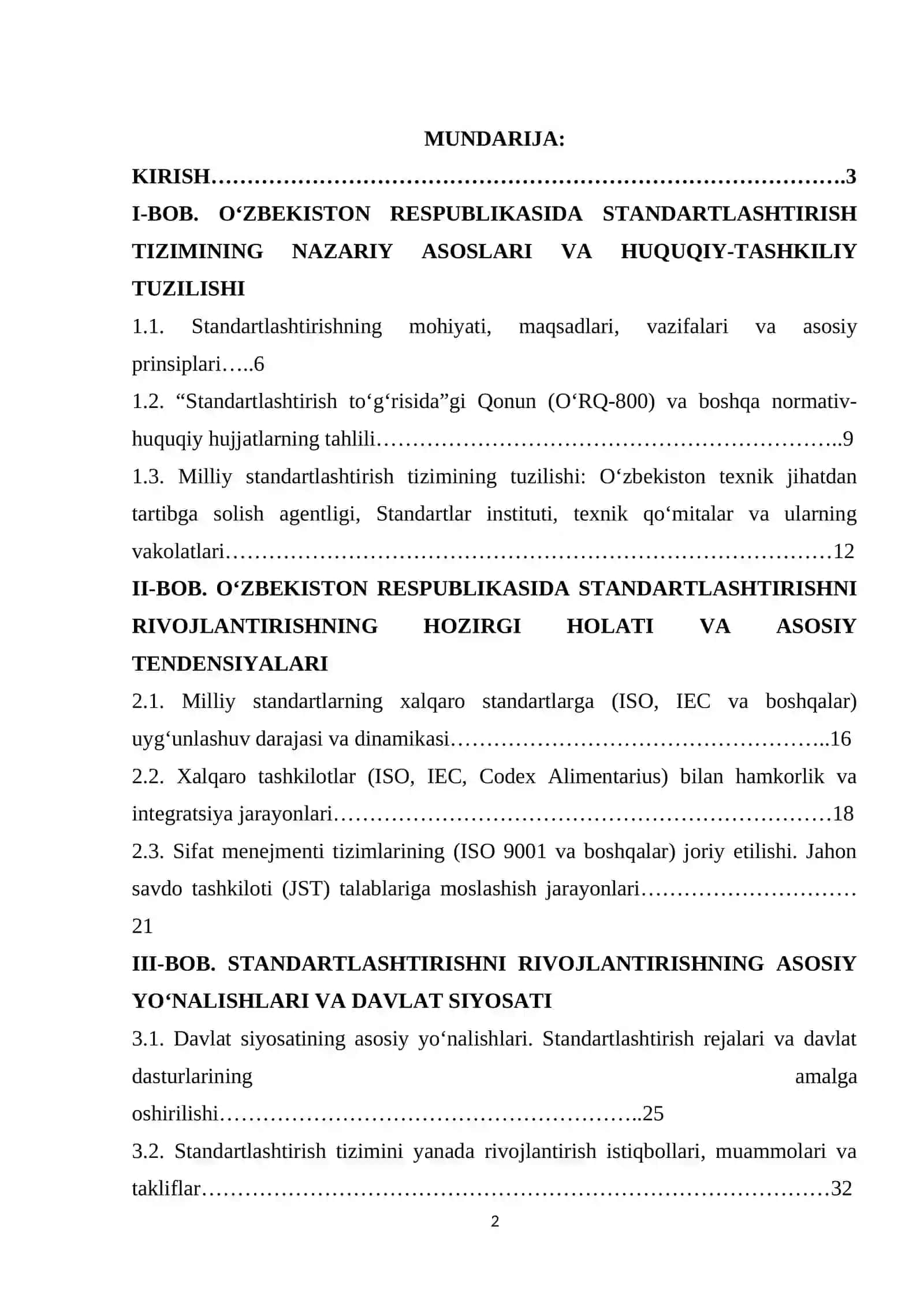 O'zbekiston Respublikasida standartlashtirishni rivojlantirishning tendensiyalari va asosiy yo'nalishlari 2