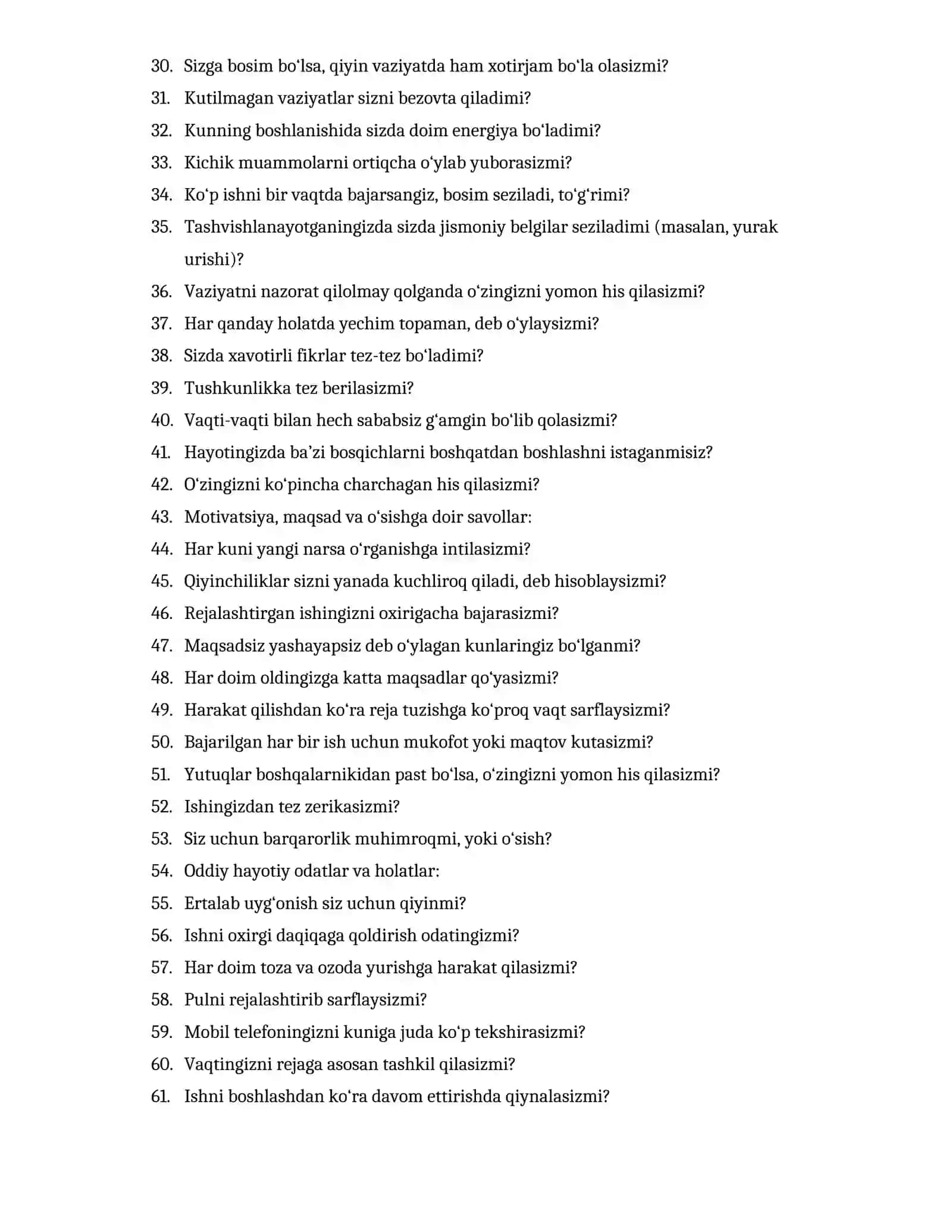 Harbiy aviatsiya instituti PSIXOLOGIK TEST SAVOLLARI HA/YO’Q (120 ta) 2