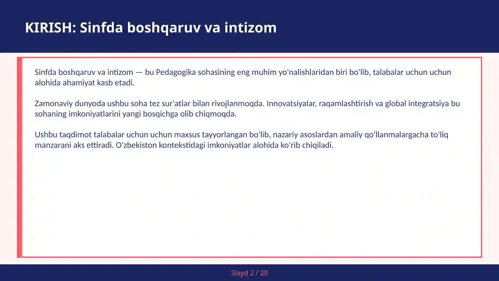Sinfda boshqaruv va intizom 2