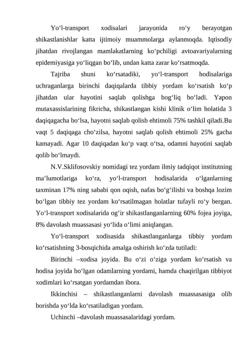 Yol-transport xodisalarida tibbiy yordam ko‘rsatish 2