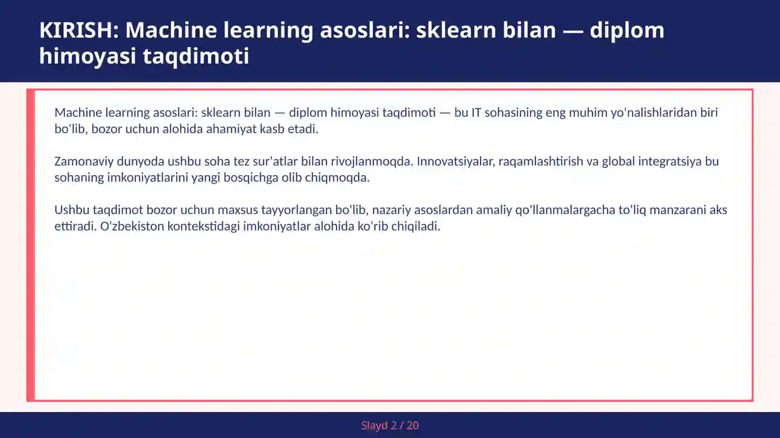 Machine learning asoslari: sklearn bilan — diplom himoyasi taqdimoti 2