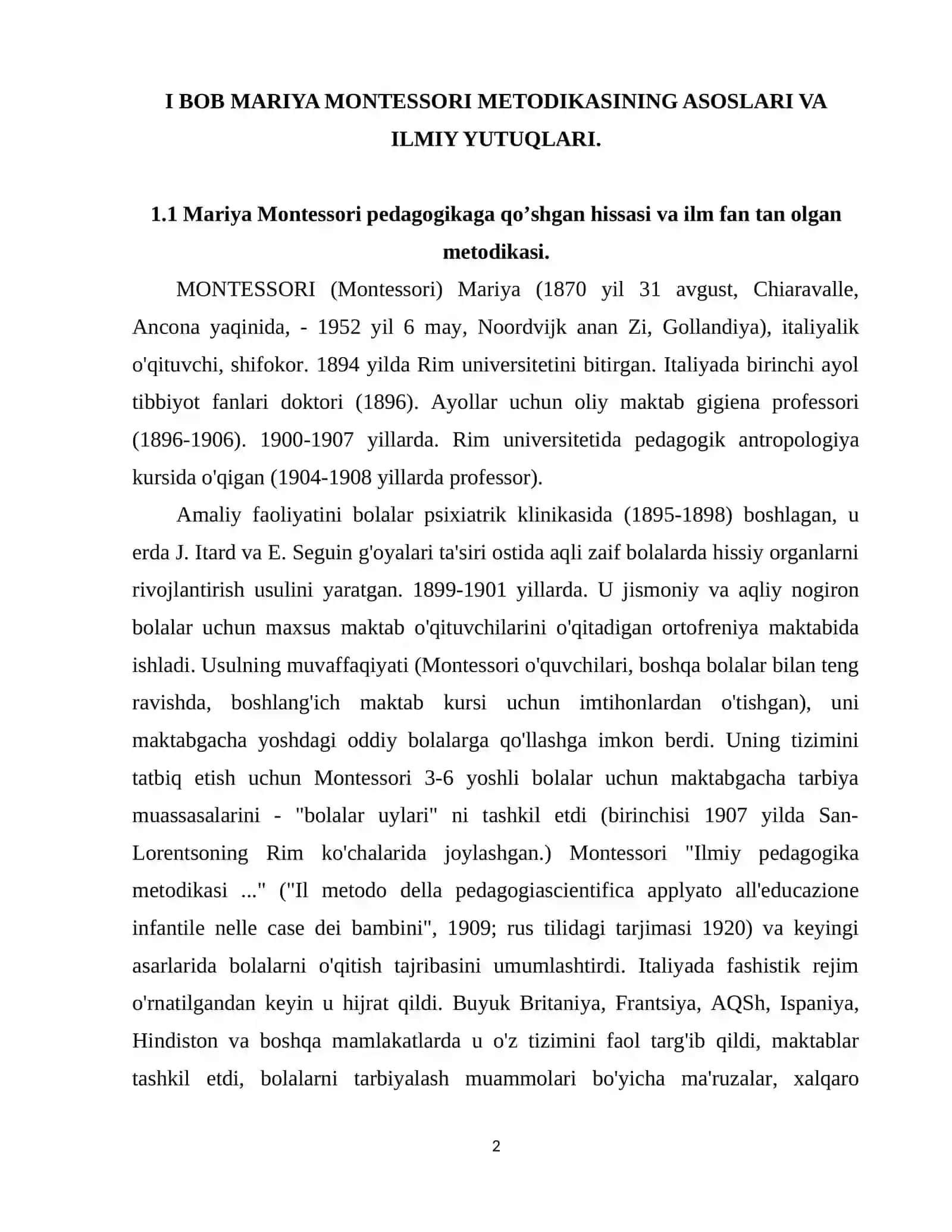 MARIYA MONTESSORI METODIKASI ASOSIDA TARBIYA BERISHNING BOLA RIVOJLANISHIDAGI O'RNI 2