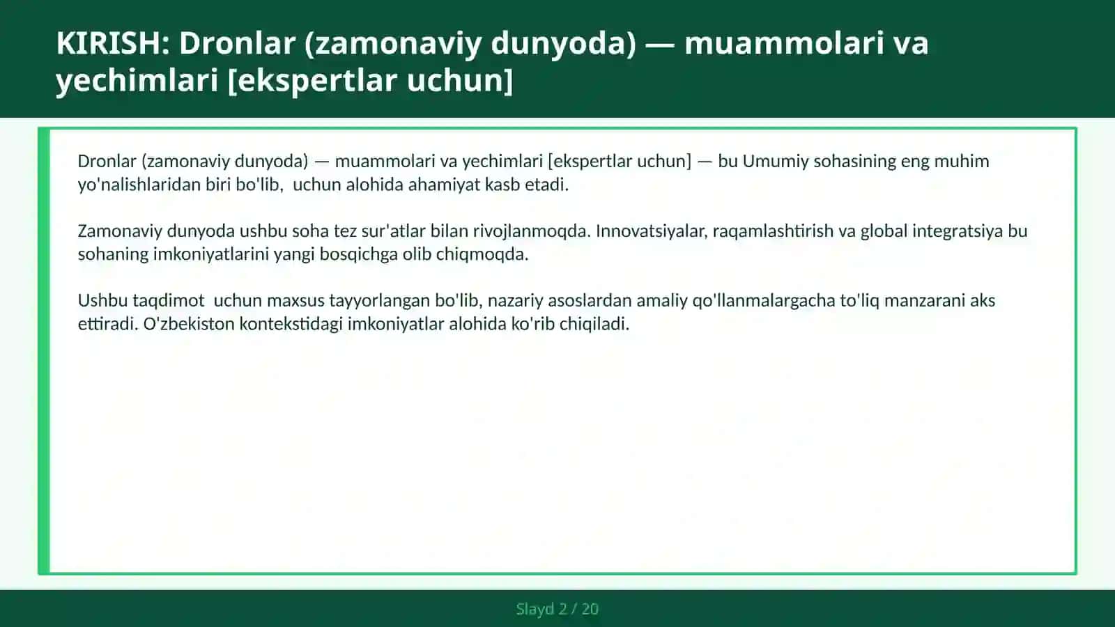 DRONLAR (ZAMONAVIY DUNYODA) — MUAMMOLARI VA YECHIMLARI [EKSPERTLAR UCHUN] 2