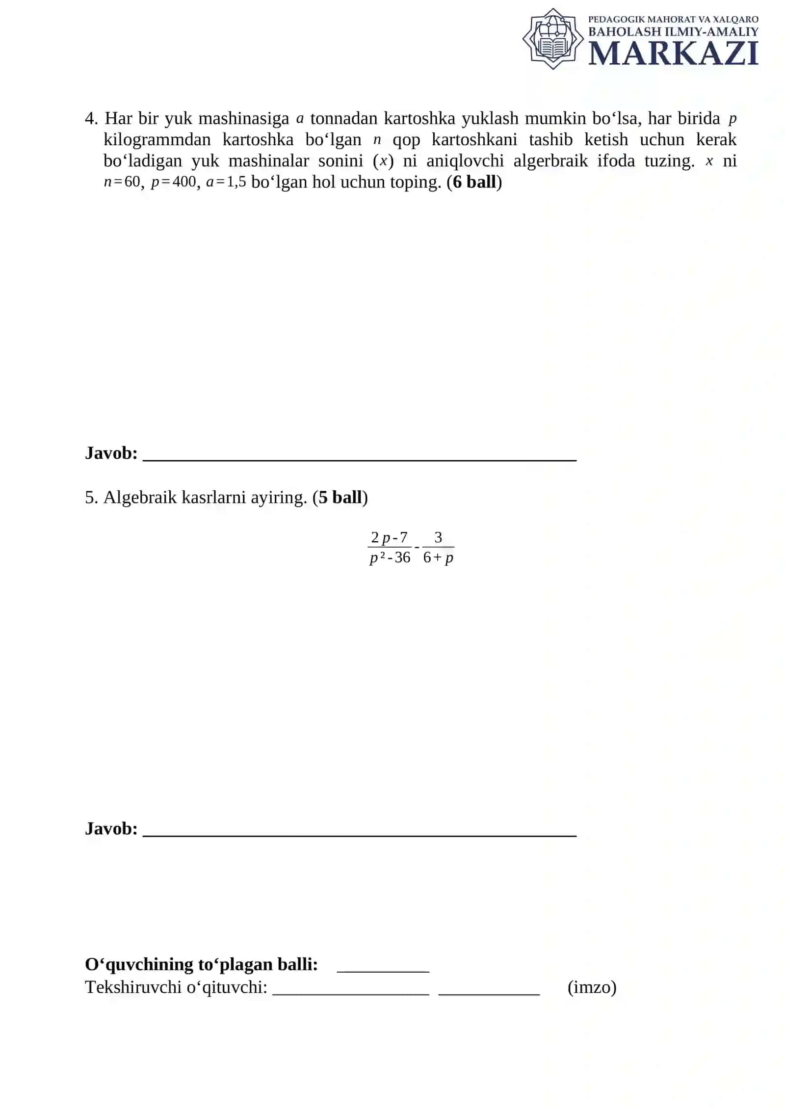 8 sinf Algebradan 1 – BSB savollari 2
