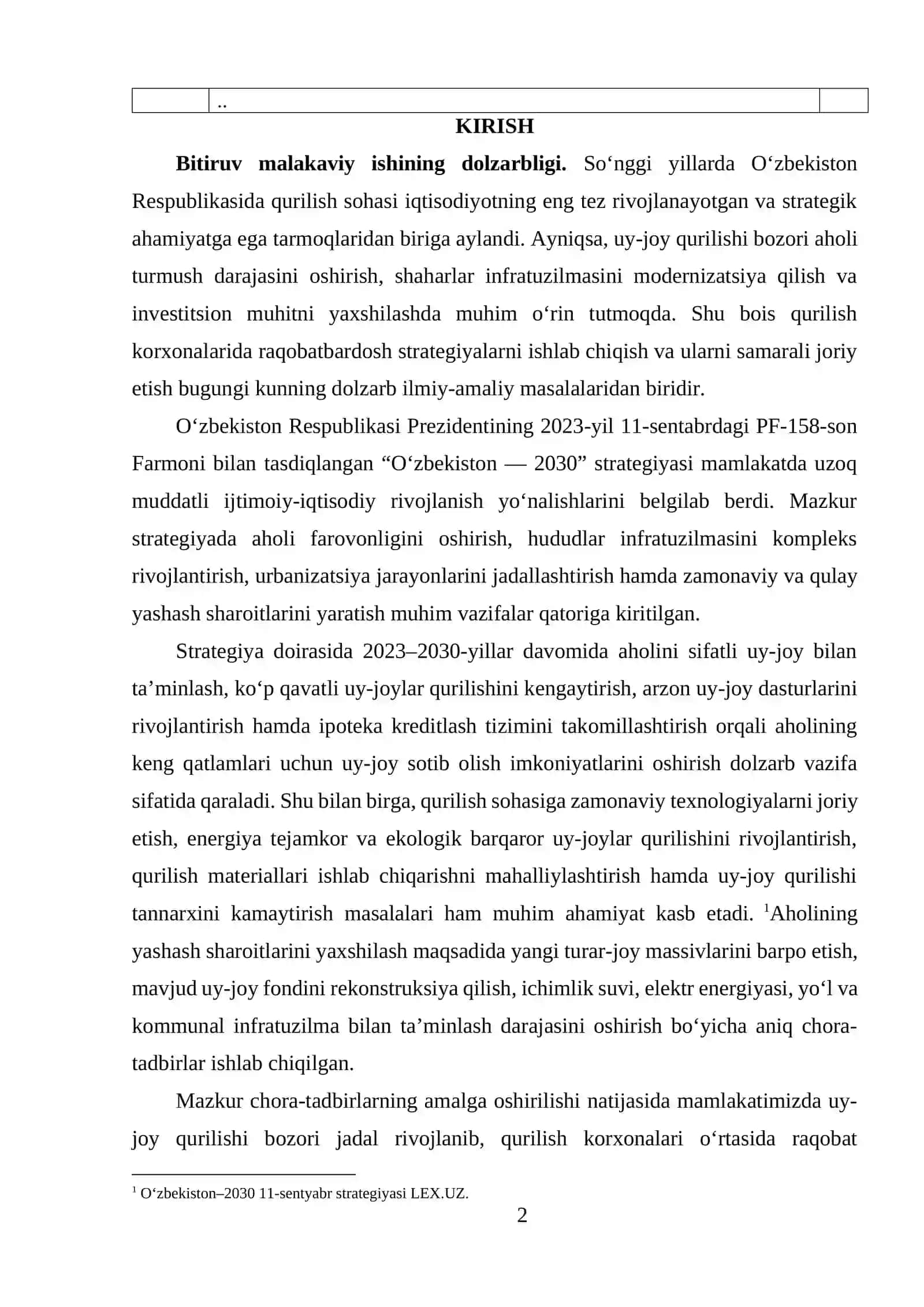 OʻZBEKISTONNING UY-JOY QURILISHI BOZORIDA RAQOBATBARDOSH STRATEGIYALARNI TAHLIL QILISH 2