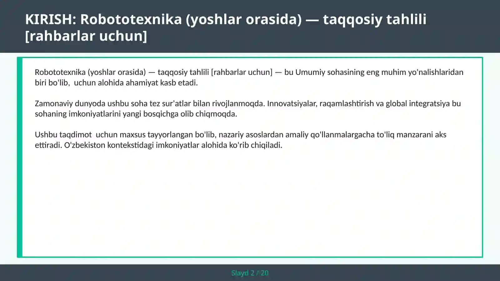 ROBOTOTEXNIKA (YOSHLAR ORASIDA) — TAQQOSIY TAHLILI [RAHBARLAR UCHUN] 2