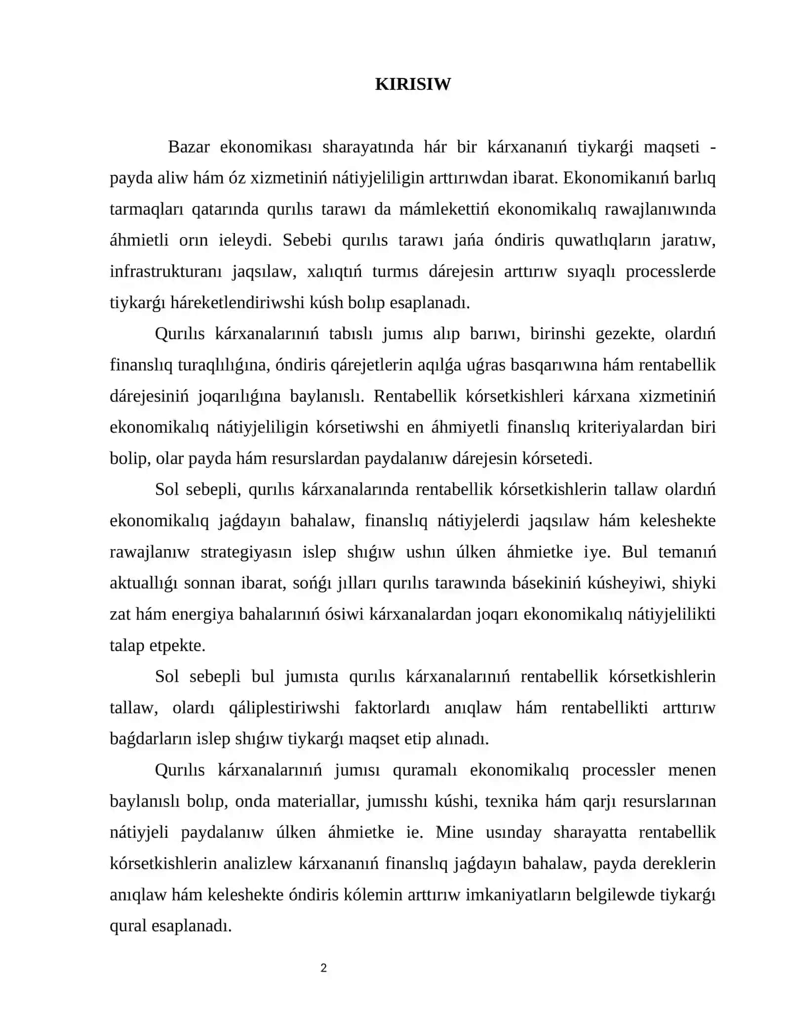 Qurılıs kárxanalarında rentabellik kórsetkishleri analizi 2