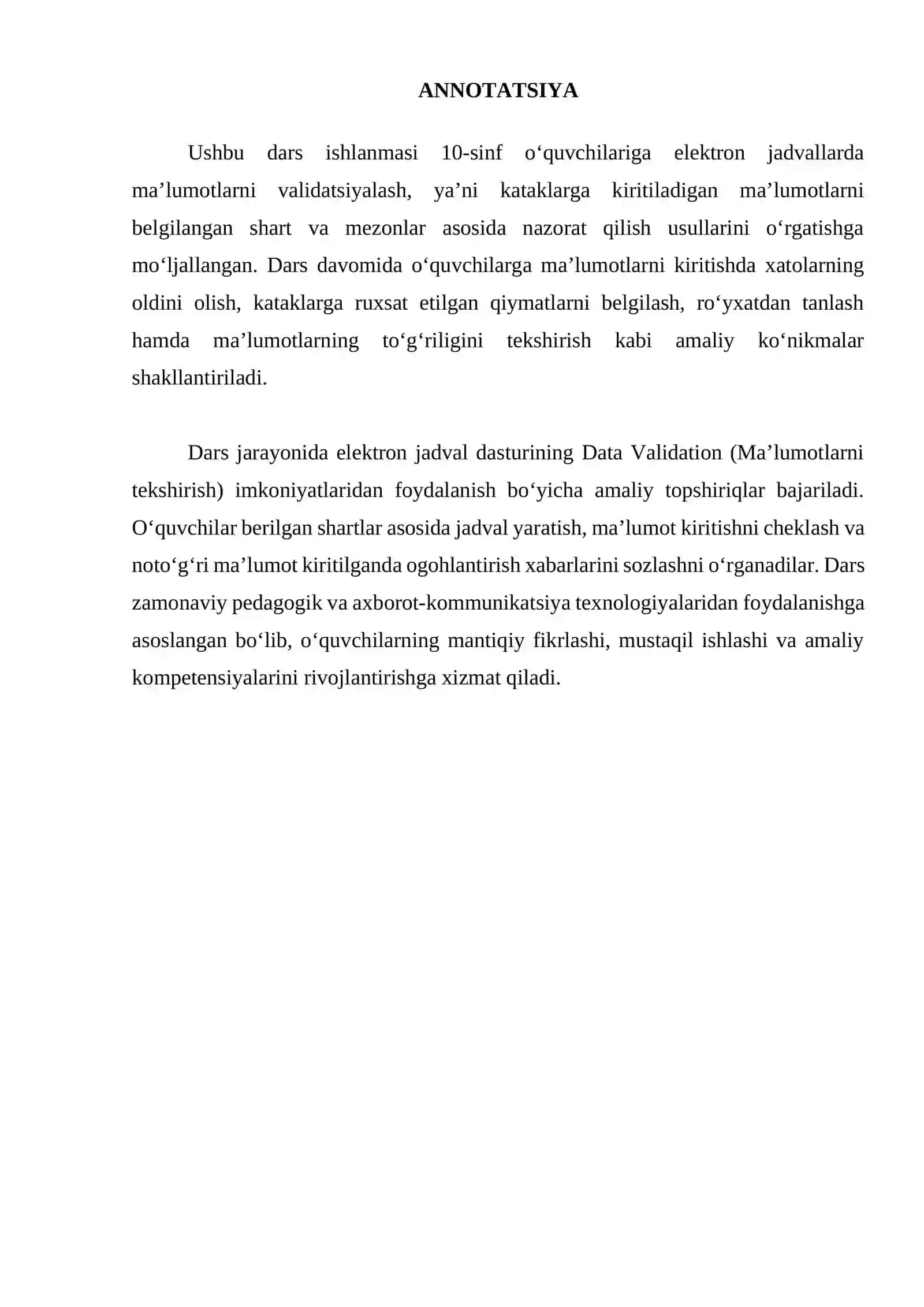 Elektron jadvalga qo’llaniladigan validatsiya 2