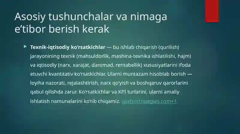 Qurilish tashkiloti faoliyatining texnik-iqtisodiy kursatkichlarini xisoblash 2