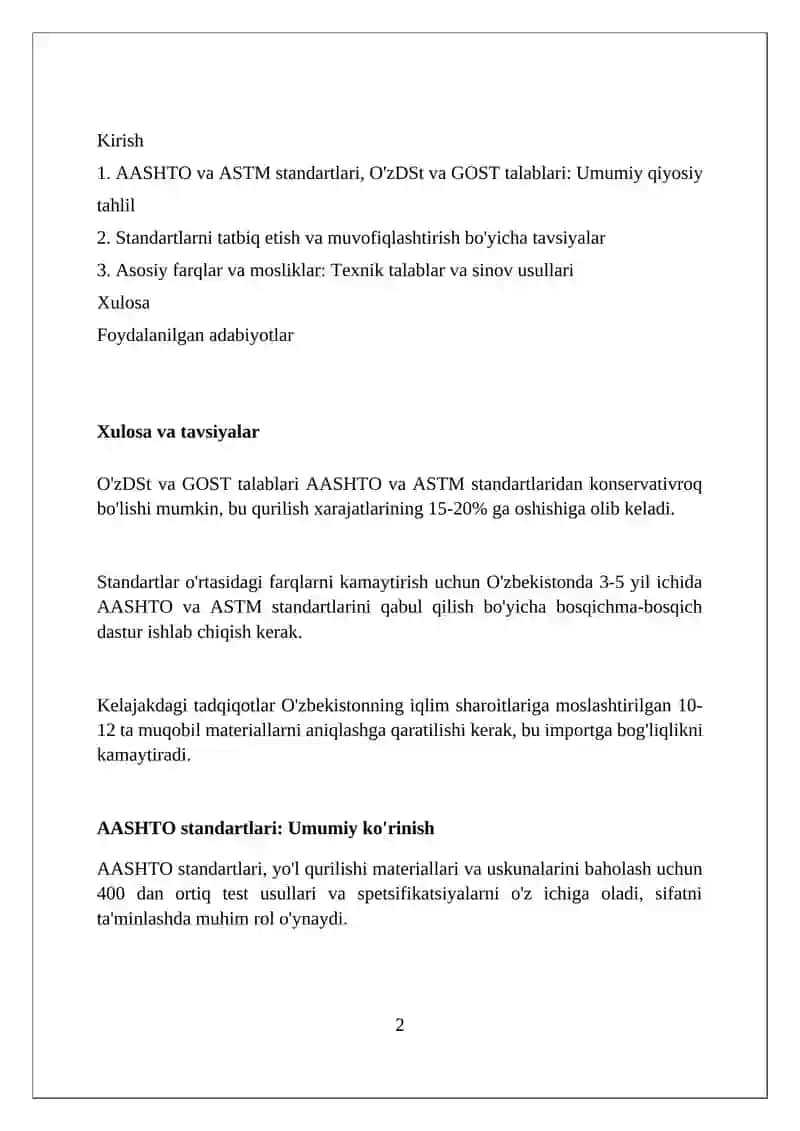O'zDSt va GOST talablari bilan AASHTO va ASTM standartlarini solishtirish 2