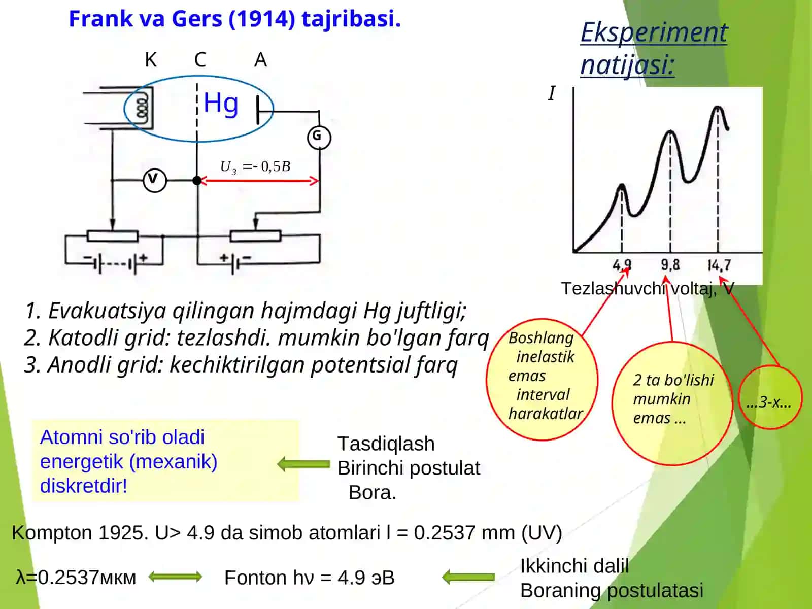 Frank va Gers TAJRIBALARI.ATOM SISTEMASINI ENERGETIK PAG’ONALARINING DISKRETLIGI 2