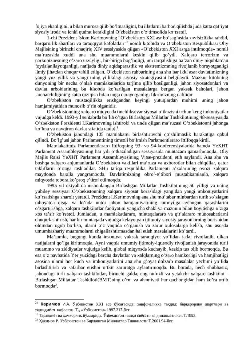 O’zbekistonning birinchi Prezidenti I.A.Karimovning BMT sessiyalarida ko’targan olamshumul tashabbuslari - ikki tomonlama hamkorlikning istiqbolini belgilovchi muhim omil 2