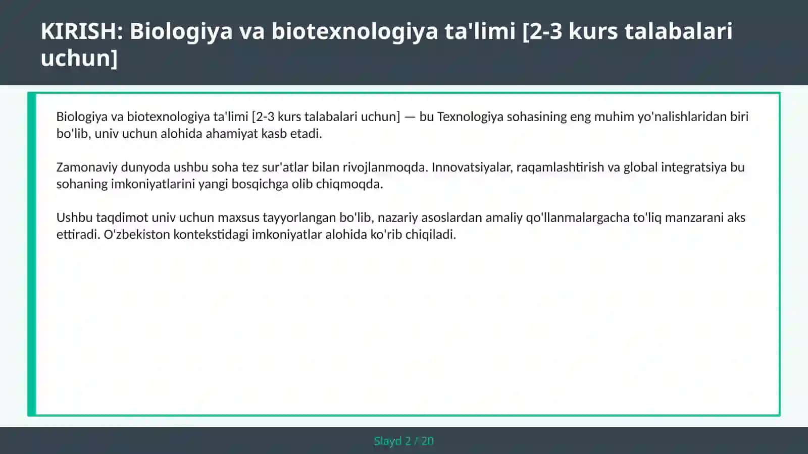 Biologiya va biotexnologiya ta'limi [2-3 kurs talabalari uchun] 2