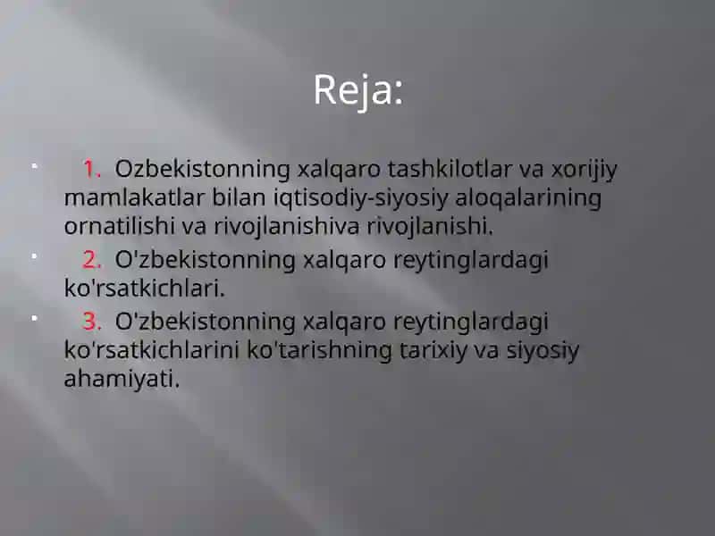 O'ZBEKISTONNING XALQARO REYTINGLARDAGI KO'RSATKICHLARINI KO'TARISHNING TARIXIY VA SIYOSIYAHAMIYATI 2
