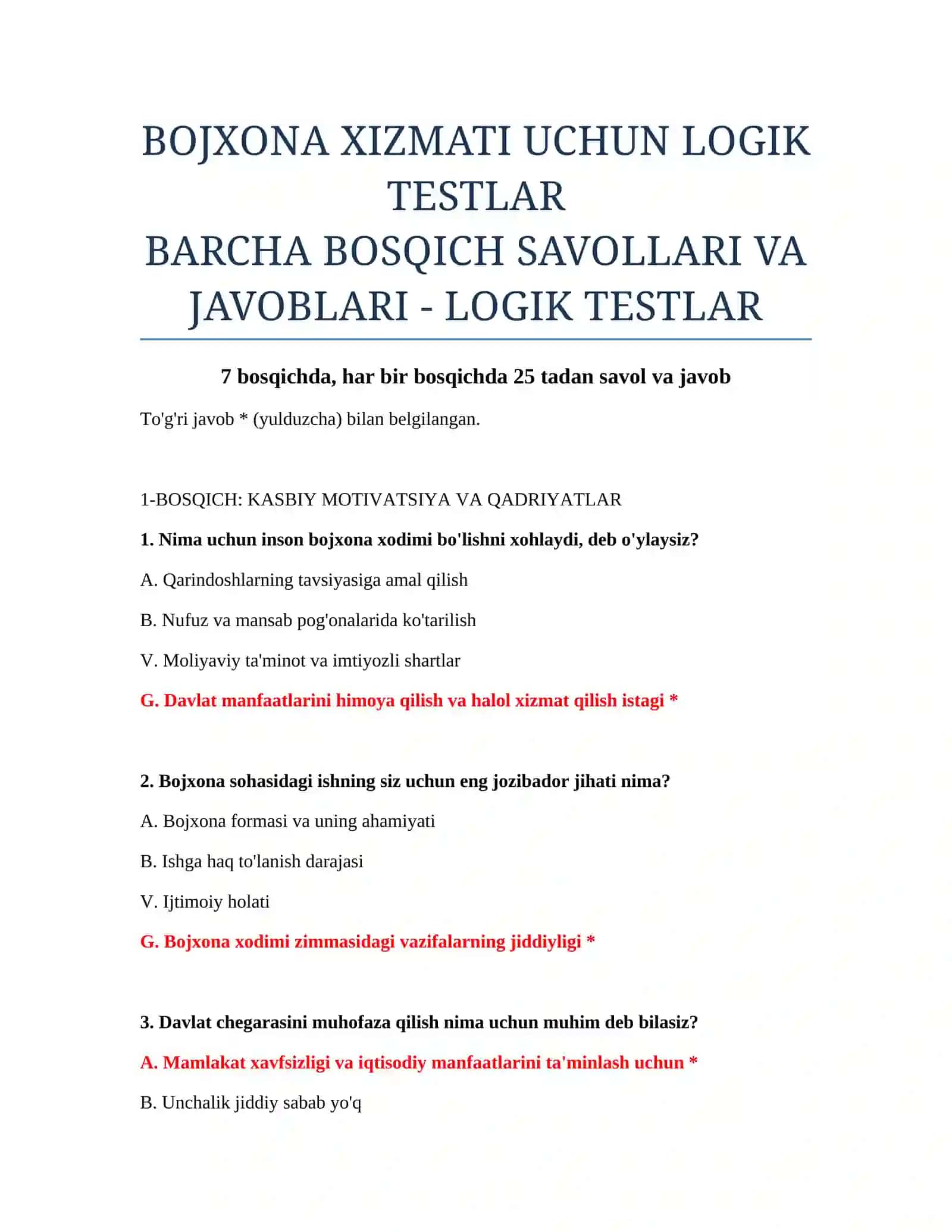 BOJXONA XIZMATI UCHUN LOGIK TESTLAR 2
