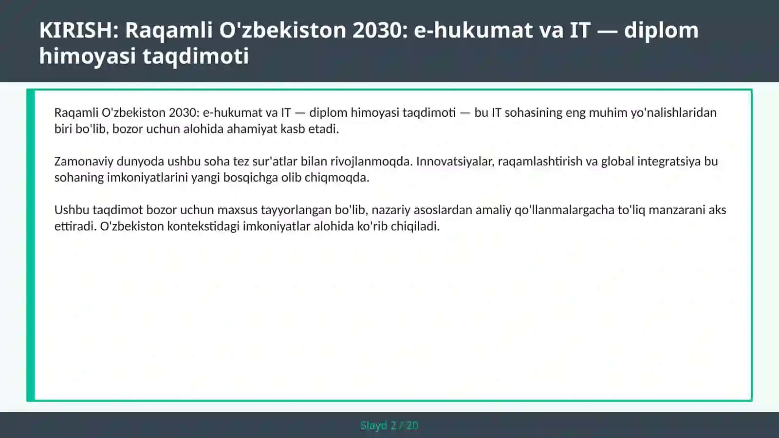 Raqamli O'zbekiston 2030: E-HUKUMAT VA IT — DIPLOM HIMOYASI TAQDIMOTI 2