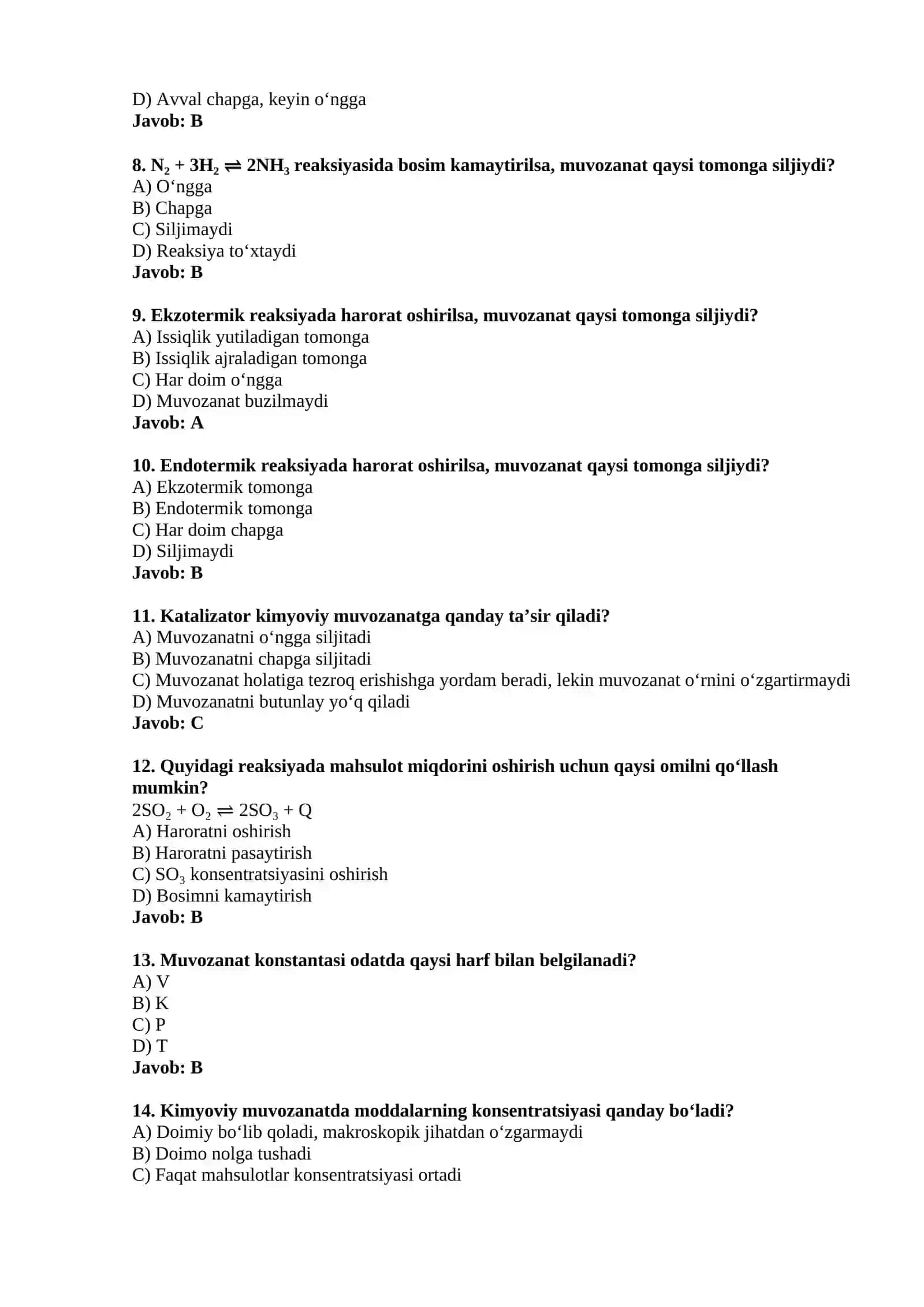 Kimyoviy muvozanat test 2