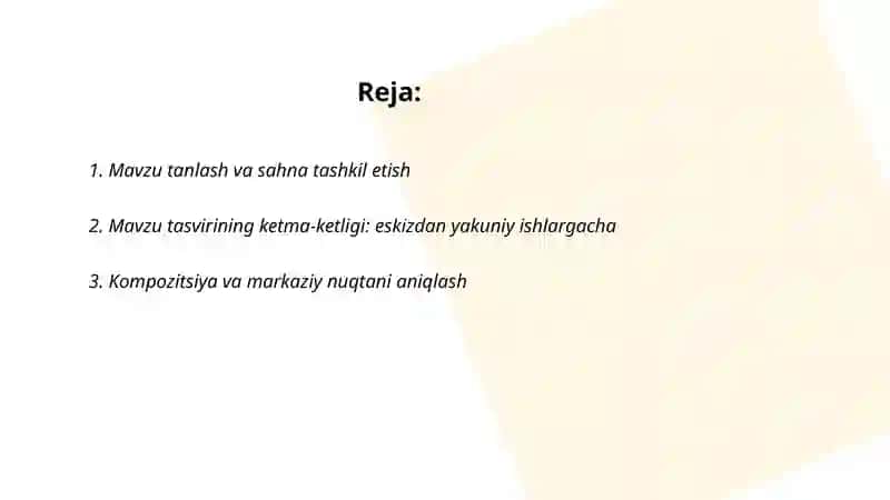 Mavzu tasvirining ketma-ketligi.Grafika tarkibi.Soya tushurish Zuvaydilloyeva Ruxsora 2