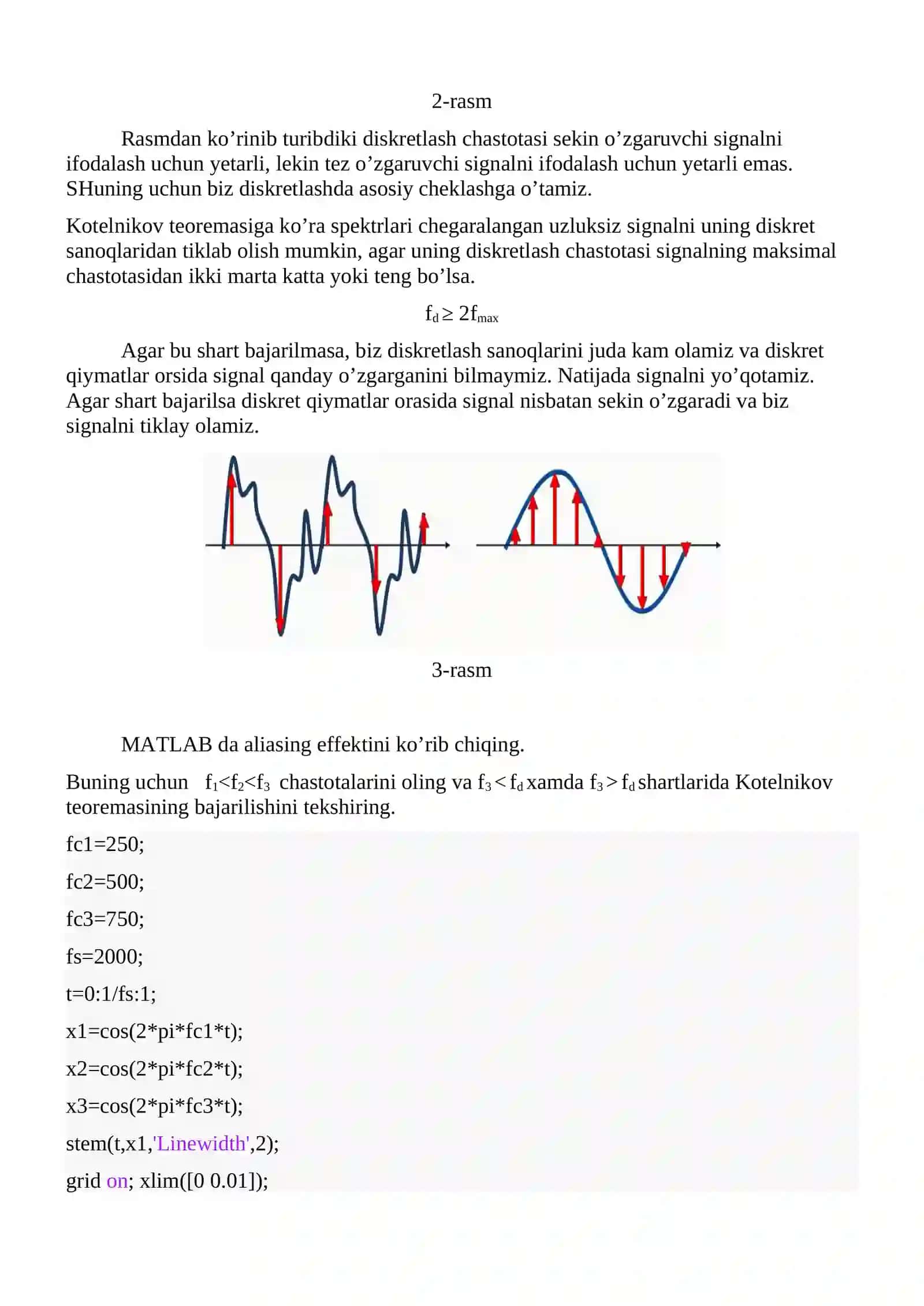 MATLAB dasturida Kotelnikov teoremasini o’rganish 2