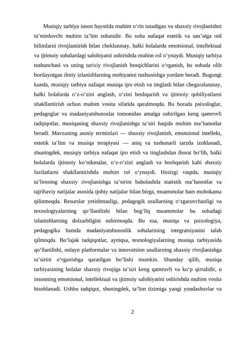 MUSIQIY TARBIYANING BOLALAR SHAXSIY RIVOJIGA TA’SIRI: TAHLILIY ADABIYOT SHARHI 2