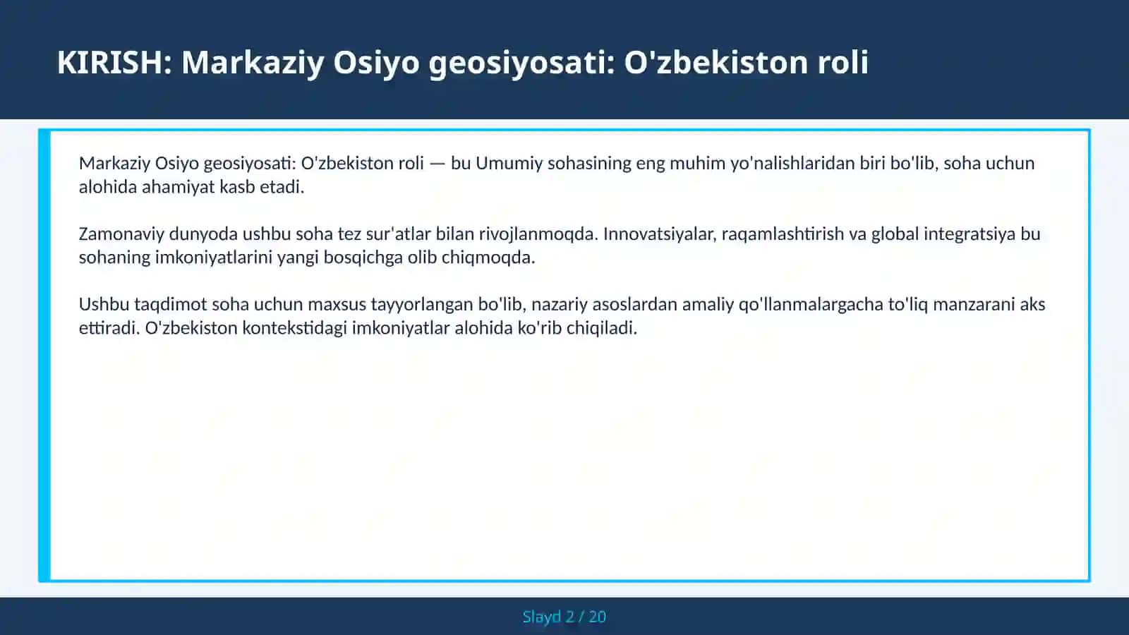 Markaziy Osiyo geosiyosati: O'zbekiston roli 2