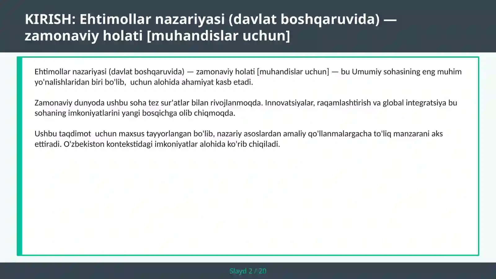 Ehtimollar nazariyasi (davlat boshqaruvida) — zamonaviy holati [muhandislar uchun] 2